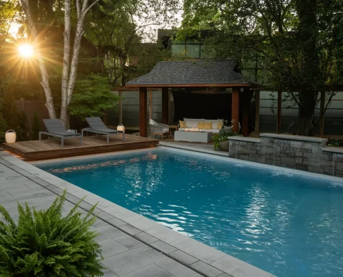 backyard oasis at golden hour 40s