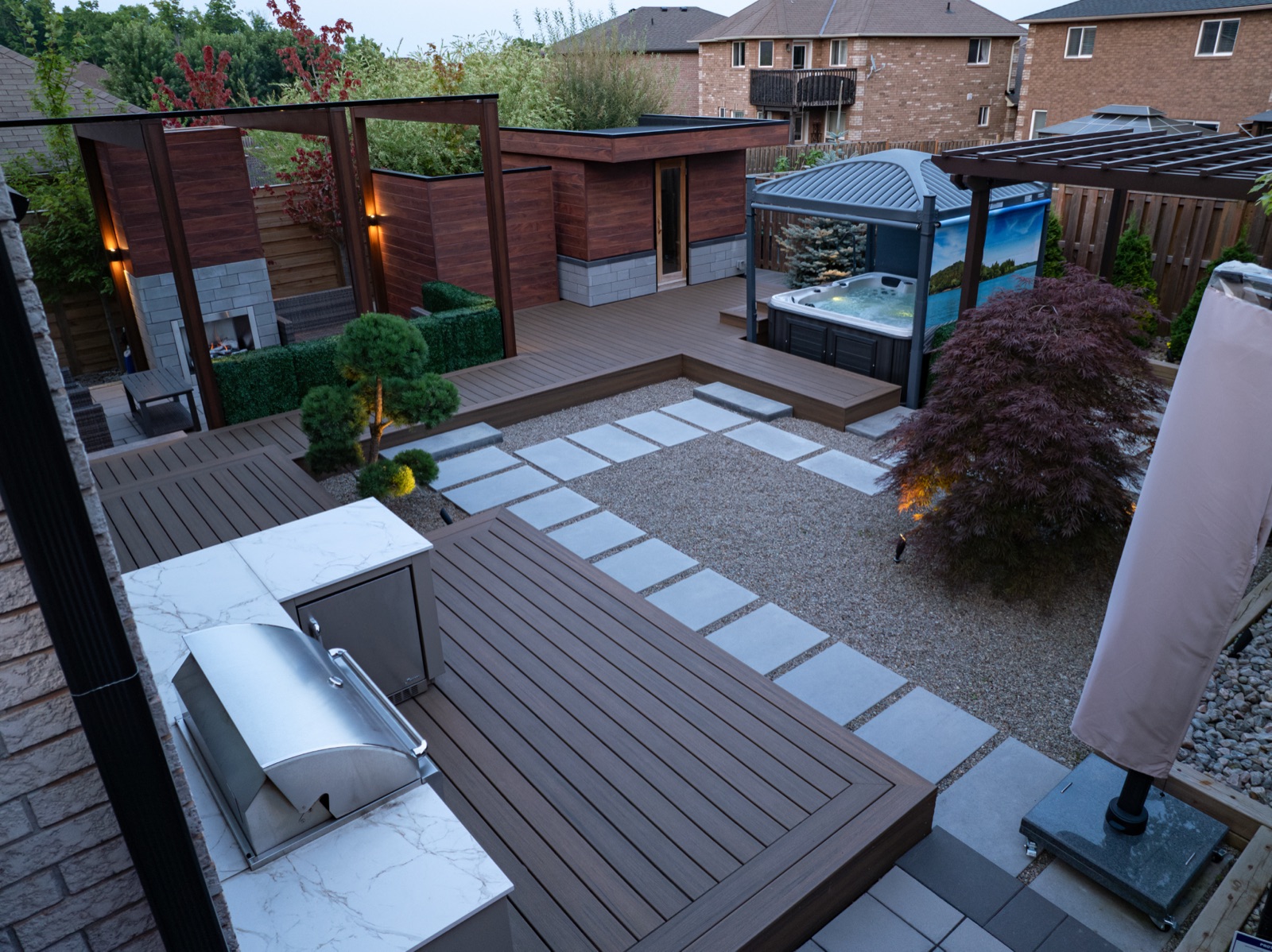Backyard deck with hot tub