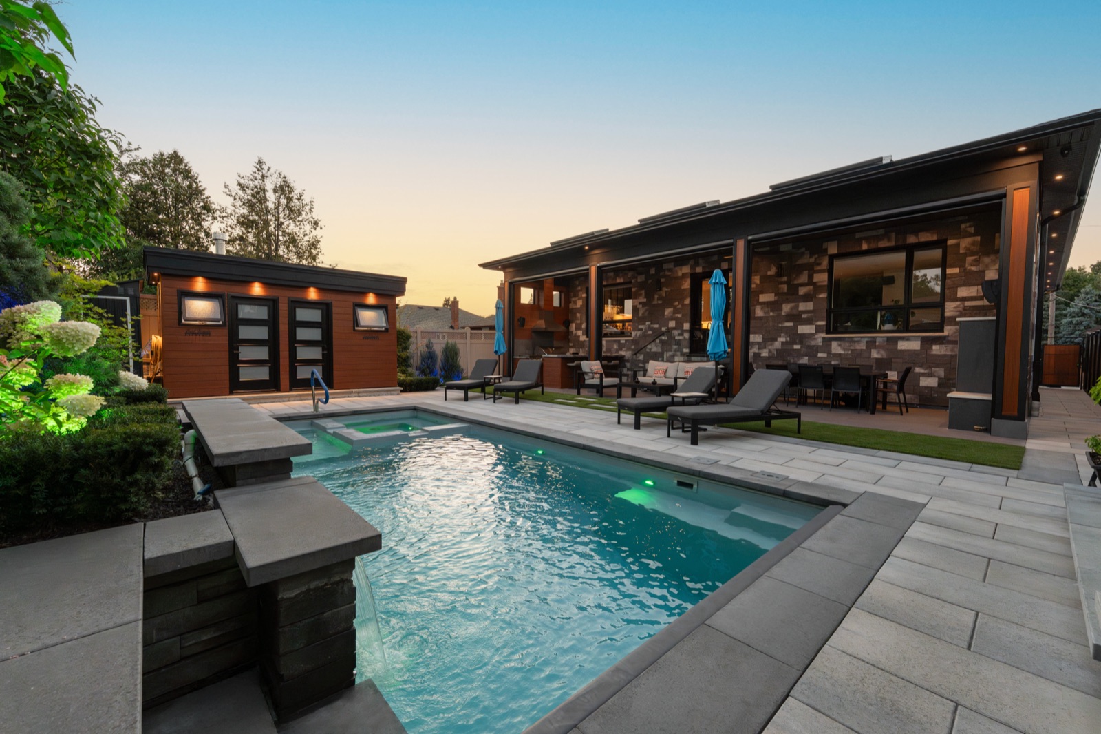 Backyard pool with cabana